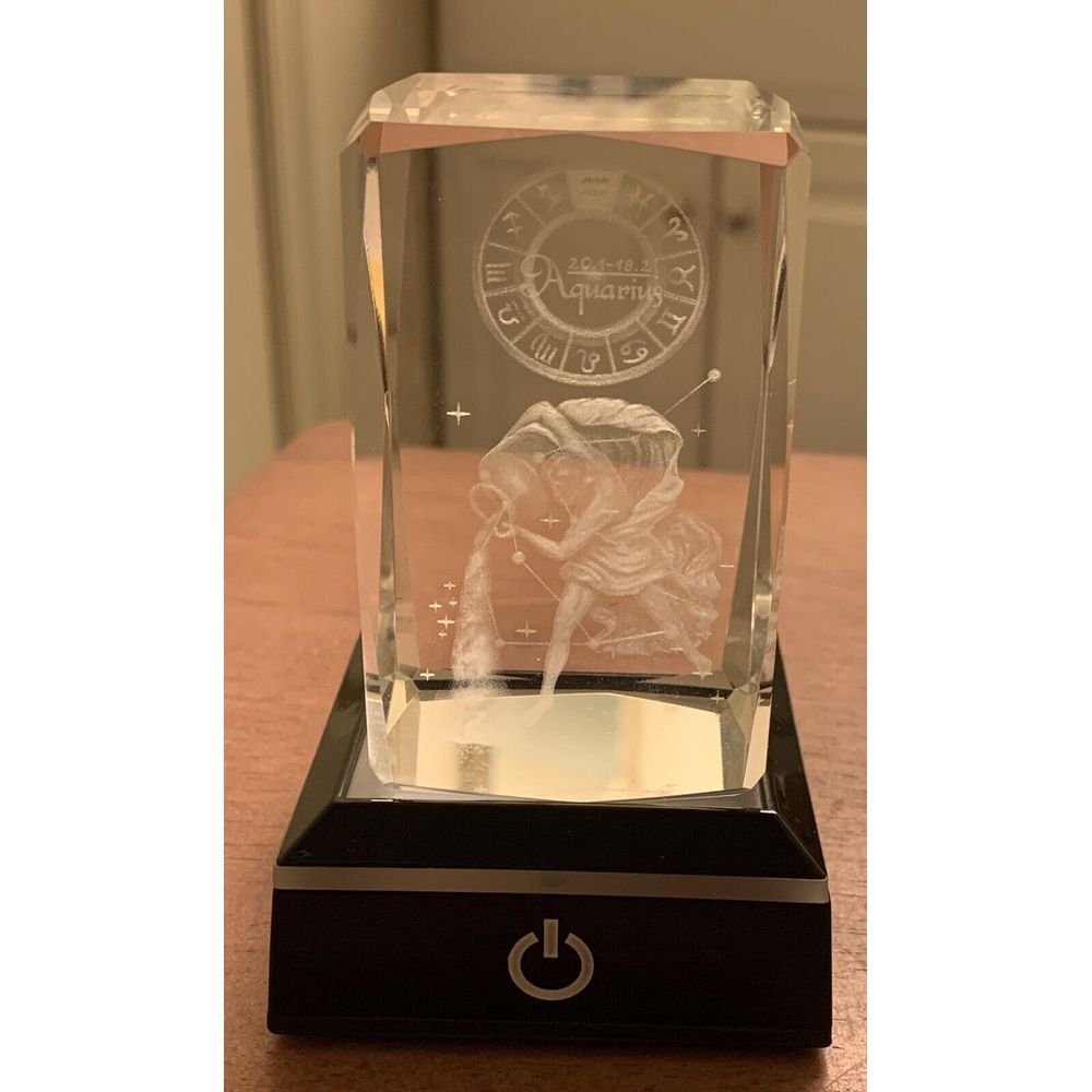 CRYSTAL 3-D LASER ETCHED GLASS CUBE Aquarius astrology‎  With Base/stand